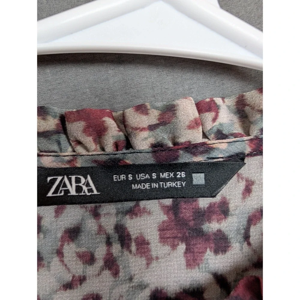 Zara Boho Printed Mini Dress Black Lace Bib Long Sleeve Pink/Burgundy Size Small